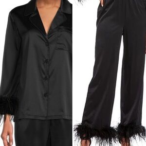 ANTONIO MELANI Black Satin Pajama Set with Feather Trim